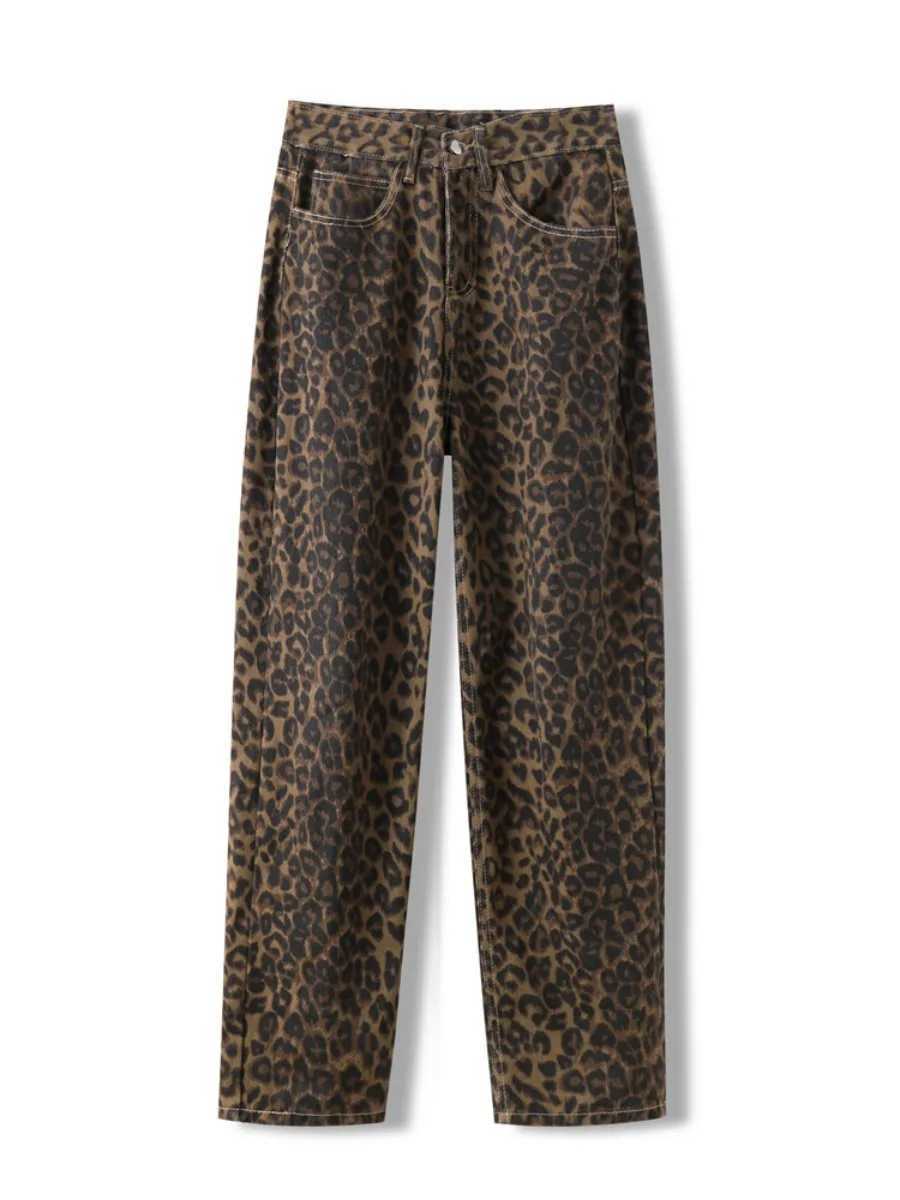 Leopard Print Jeans for Women High Waisted Y2k Retro Fashion Streetwear Denim Pants Hip Hop Straight Wide Leg Baggy Jeans Z250910