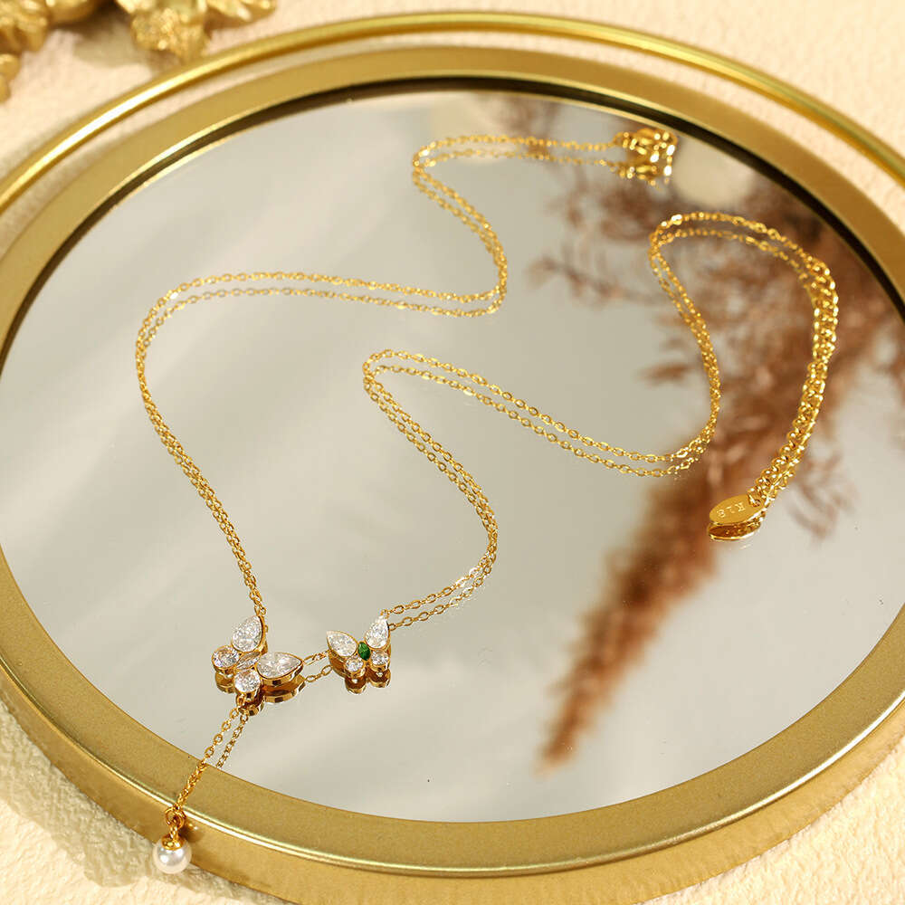 Japanese and Korean INS Necklace for Women Titanium Steel Fashion Commuting Style Butterfly Tassel Pearl Collarbone Chain Versatile Elegant