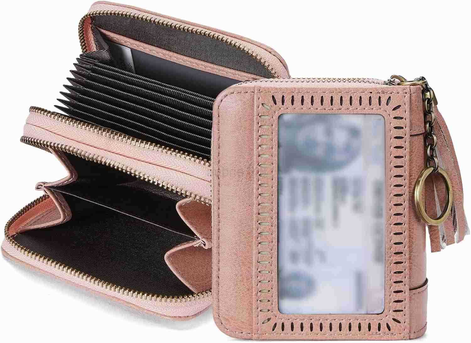 CARD Holder Wallet RFID Double Zipper Small Wallet for Women Leather Keychain Wallet with Tassel PinkZ250910