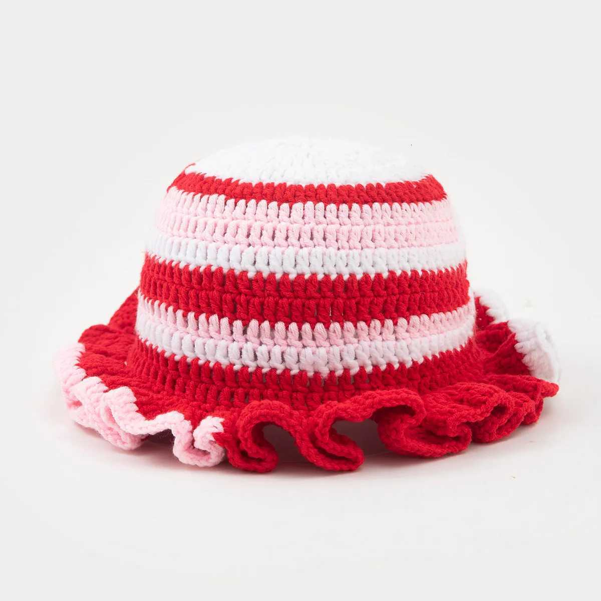 Lotus edge pleated striped color blocked pure handmade knitted hat for men and women autumn and winter warm woolen hatXJ250910