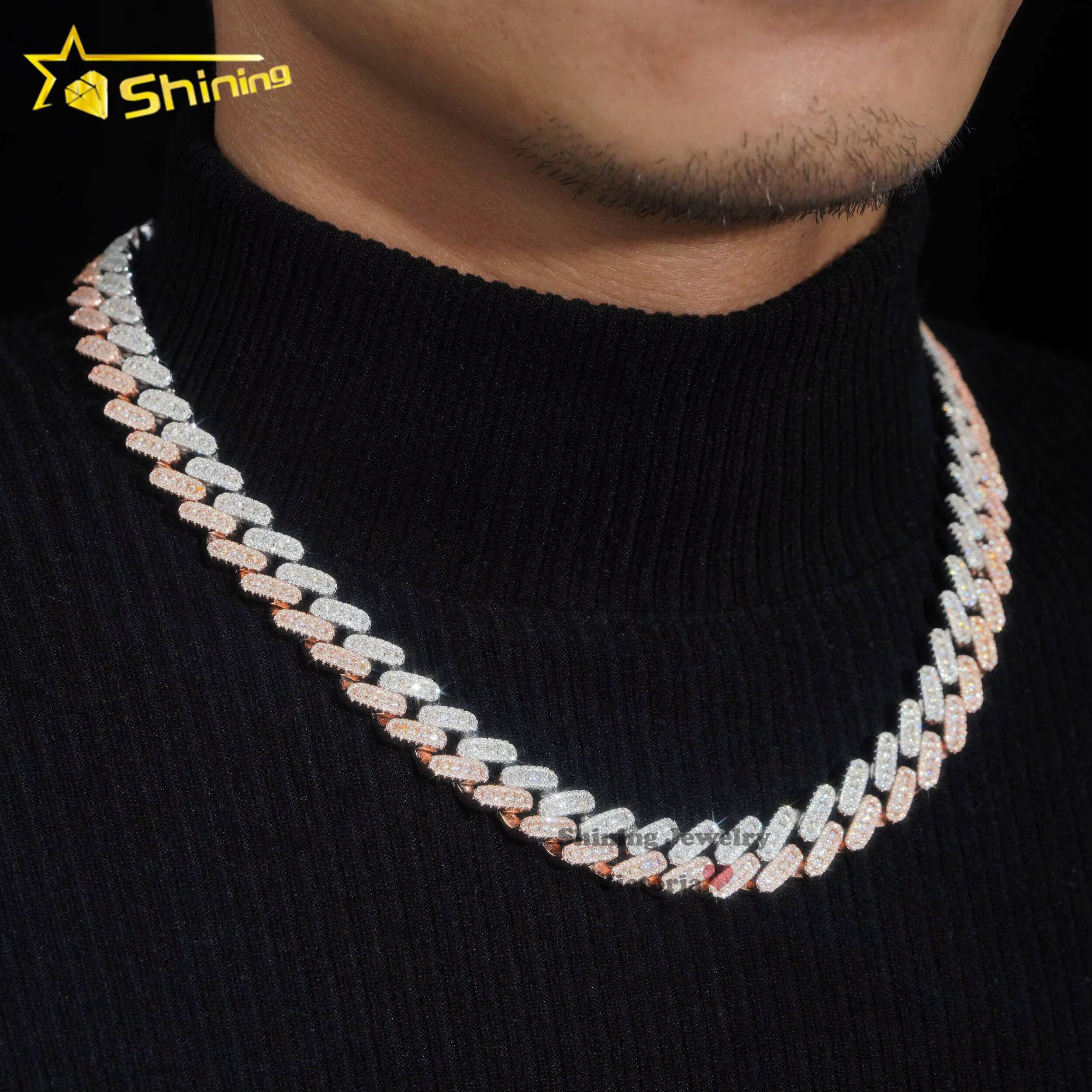 Wholesale Price 15mm White Mix Rose Gold 925 Cuban Link Chain Two Tone Hip Hop Jewelry Iced Out Moissanite Cuban Chain Necklace