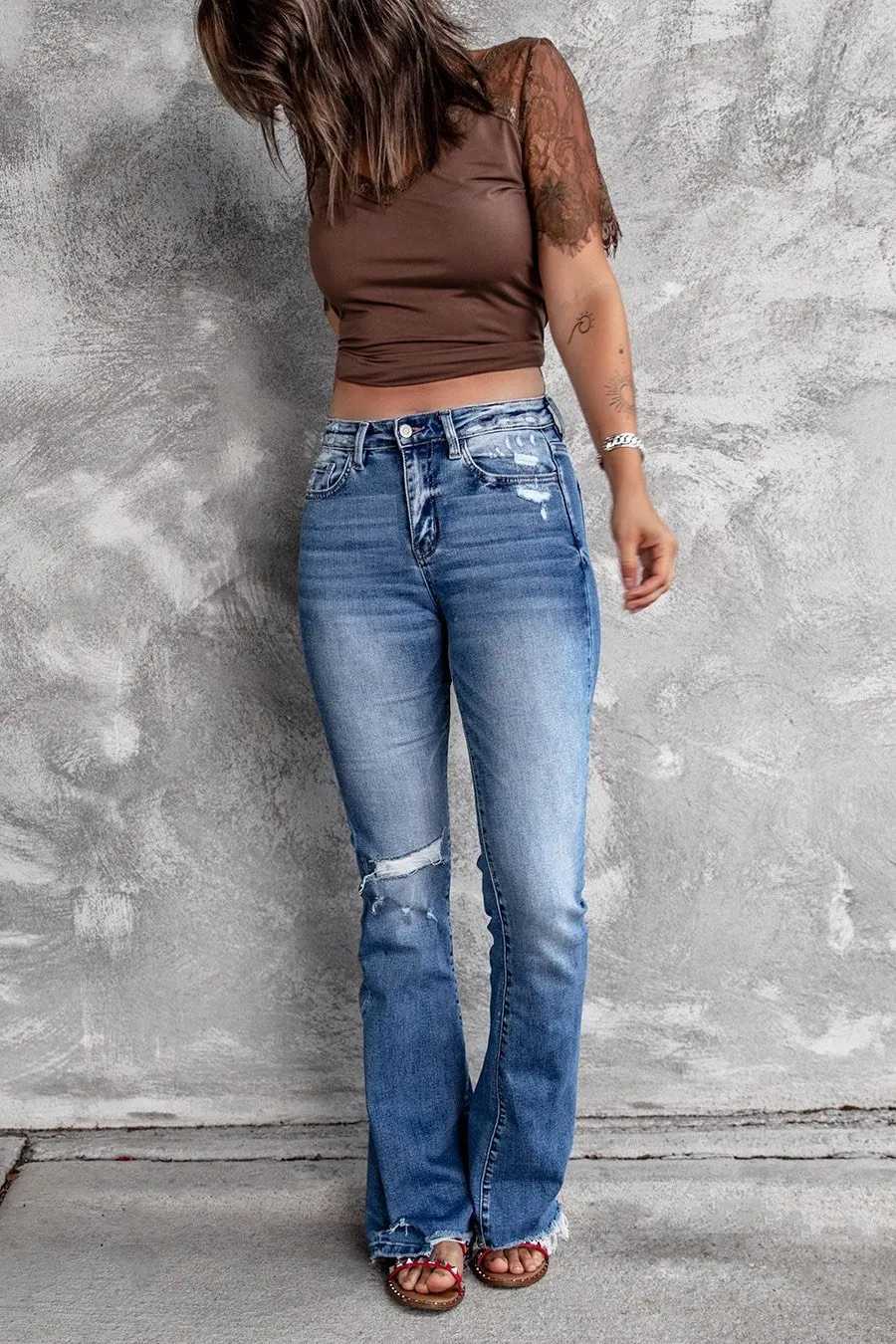 Denims Boot Cut Women Hole Jeans Flare Pants High Waist Distressed Ripped Washed Vintage Streetwear Floor Length Trousers Z250910