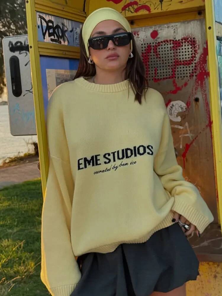 Round Neck Letter Print Knitted Top Women's Loose Long Sleeve Pleated Casual Sweaters Lady 2025 Daily Street Commute Outfits dongdumaoyi
