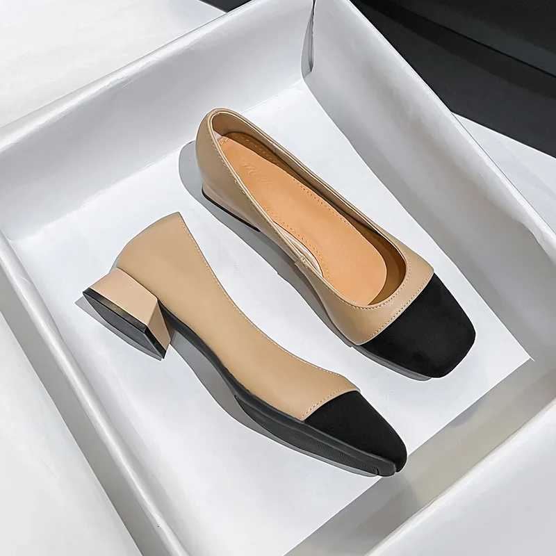 spring autumn genuine leather pumps women black white mixed color thick heel work shoes cowhide escarpin femmes big size 4143 W250910