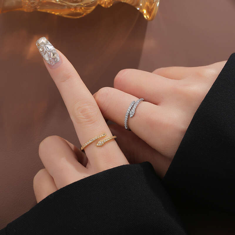 Minsheng Zodiac Year Exquisite Simple Snake-shaped Personality Creative Small Snake Full Diamond Open Adjustable Ring for Women Ins
