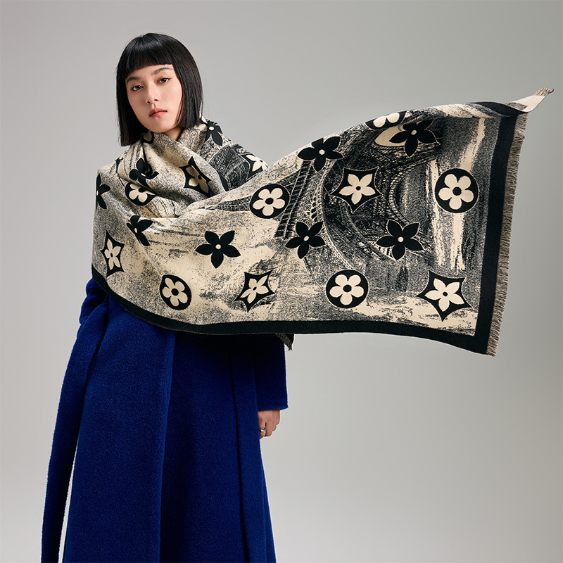 New Five-Pointed Star Imitation Cashmere Scarf for Women, Fashionable Paris Eiffel Tower, Autumn and Winter Warm Long Shawl, Thickened