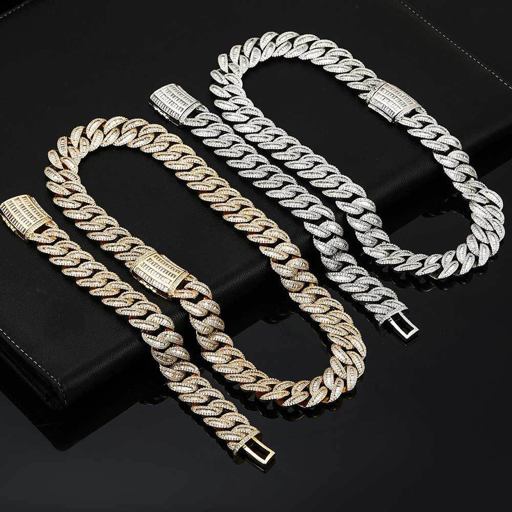 Hip Hop 15mm Filled Real Gold Brass Moissanite Cuban Link Chain Iced Out Baguette Heavy Cuban Necklace for Wedding or Gift