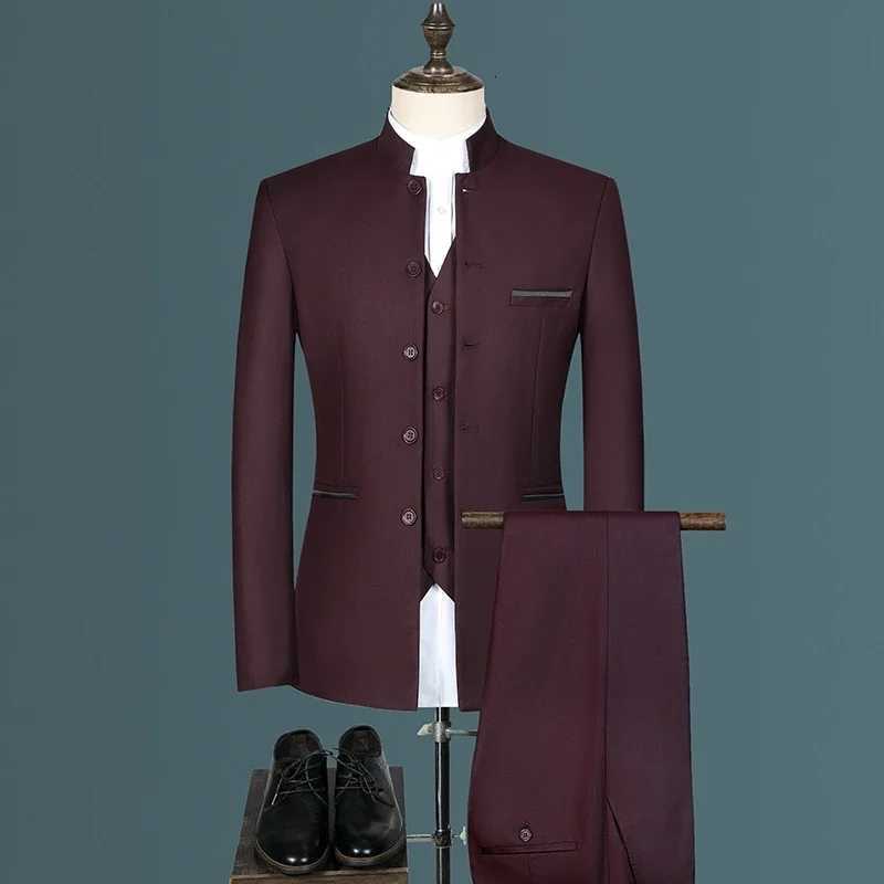 Stand Collar Men Blazer Pants Business Mens Wedding Suit Jacket Coat Trousers Waistcoat High Quality Slim Dress Set W250910