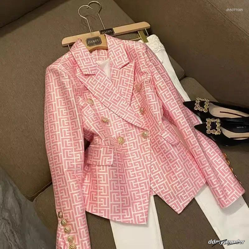 Women's Blouses France Fashion Double Breasted Pink Geometric Jacquard Slim Suit Jacket Vintage Aesthetic Office Lady Formal Coats ddmywonder ddm