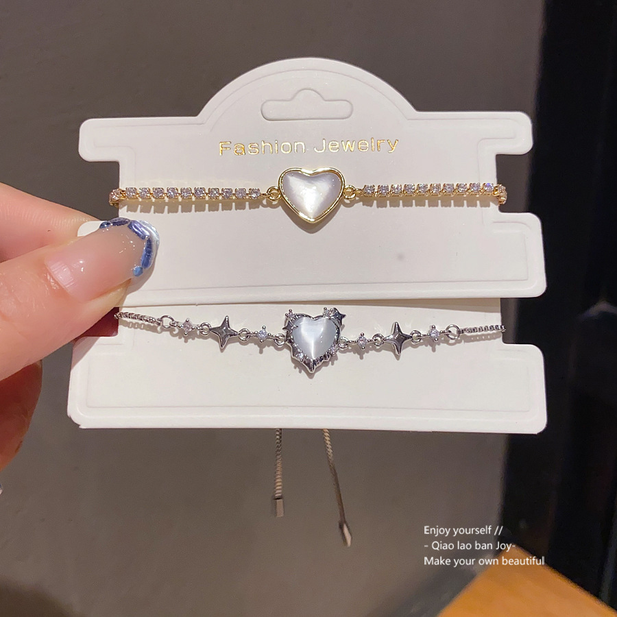 Silver - Toned Bracelet With Heart - Shaped Mother - Of - Pearl, Star Accents And Dainty Chain Delicate Daily & Elegant Jewelry Gift For Her High - Qu