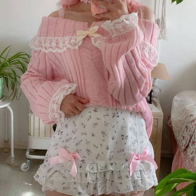 Pretty Cute Outfits Haruku Cosplay Sweater Kawaii Lace Trim Off Shoulder Pullovers Y2K Aesthetic Vintage Long Sleeve Jumpers dongdumaoyi