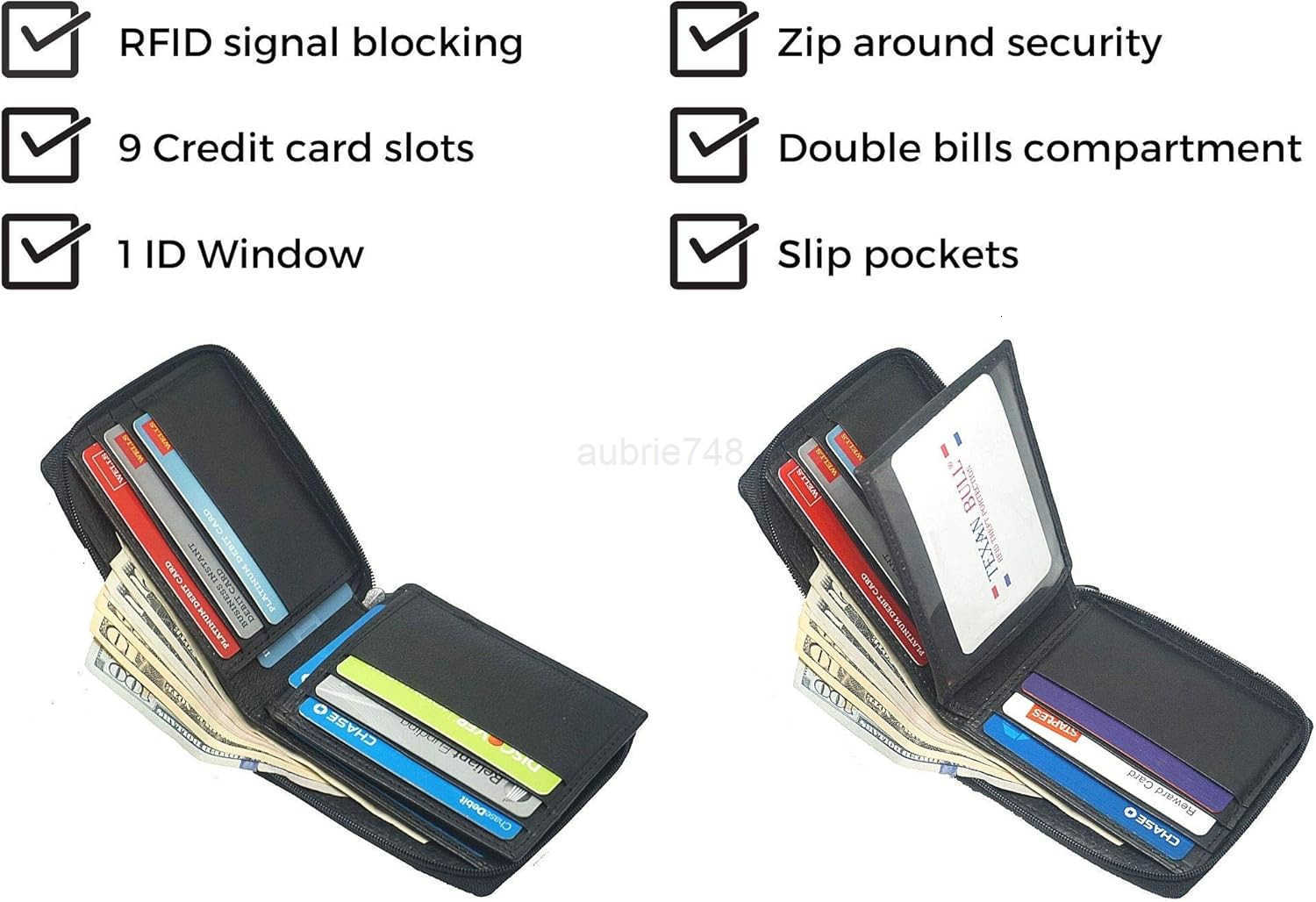 Mens Leather Zipper wallet Zip Around Wallet Bifold Multi Card Holder BlackZ250910