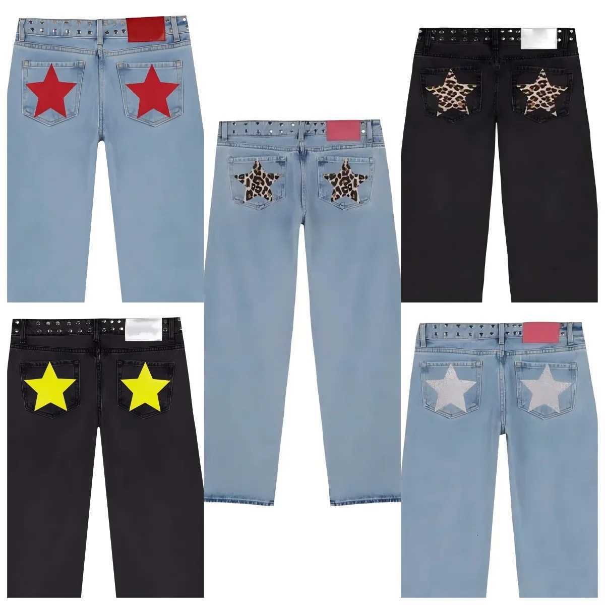 Spanish Fashion Colorful Fivepointed Star Pattern Rivet Decoration Light Blue Jeans Womens Autumn Street Hiphop Hottie Outfit Z250910