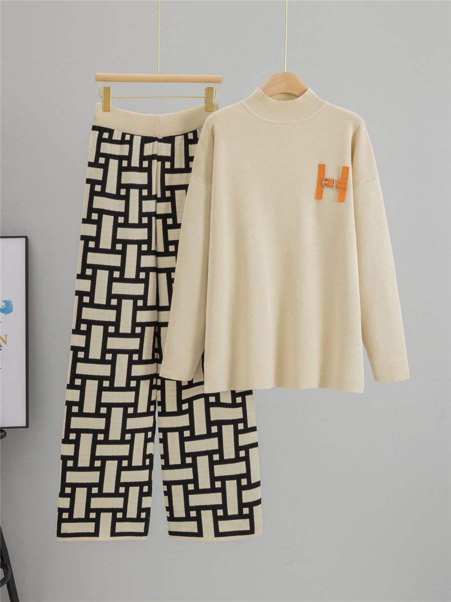Women's Half High Neck Knit Sweater Set - Casual Wide Leg Pants Two-Piece Outfit