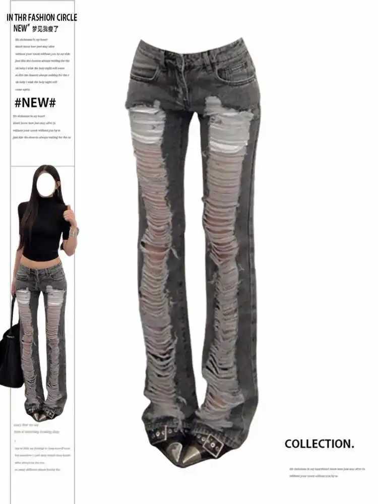 Womens Grey Ripped Skinny Jeans Harajuku Vintage Y2k Denim Trousers Japanese 2000s Style Emo Oversize Jeans Long Pants Clothes Z250910