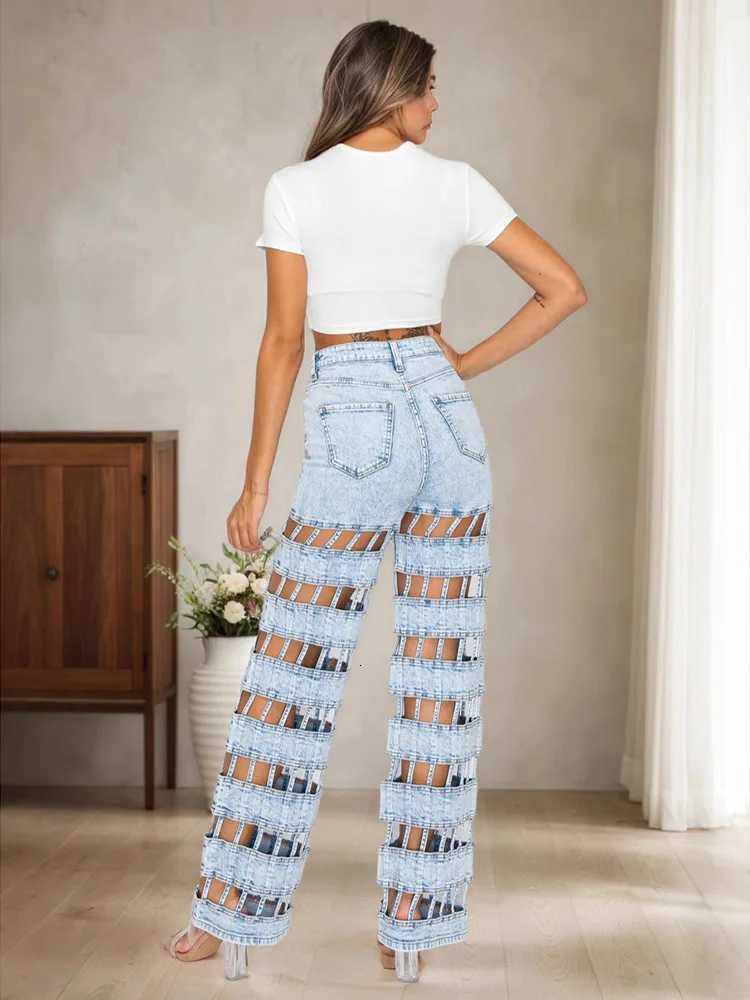 Fashion Hollow Out Denim Pants Woman Solid Color High Waist Wide Leg Jeans Female Streetwear Bottoms Summer 2025 New Z250910