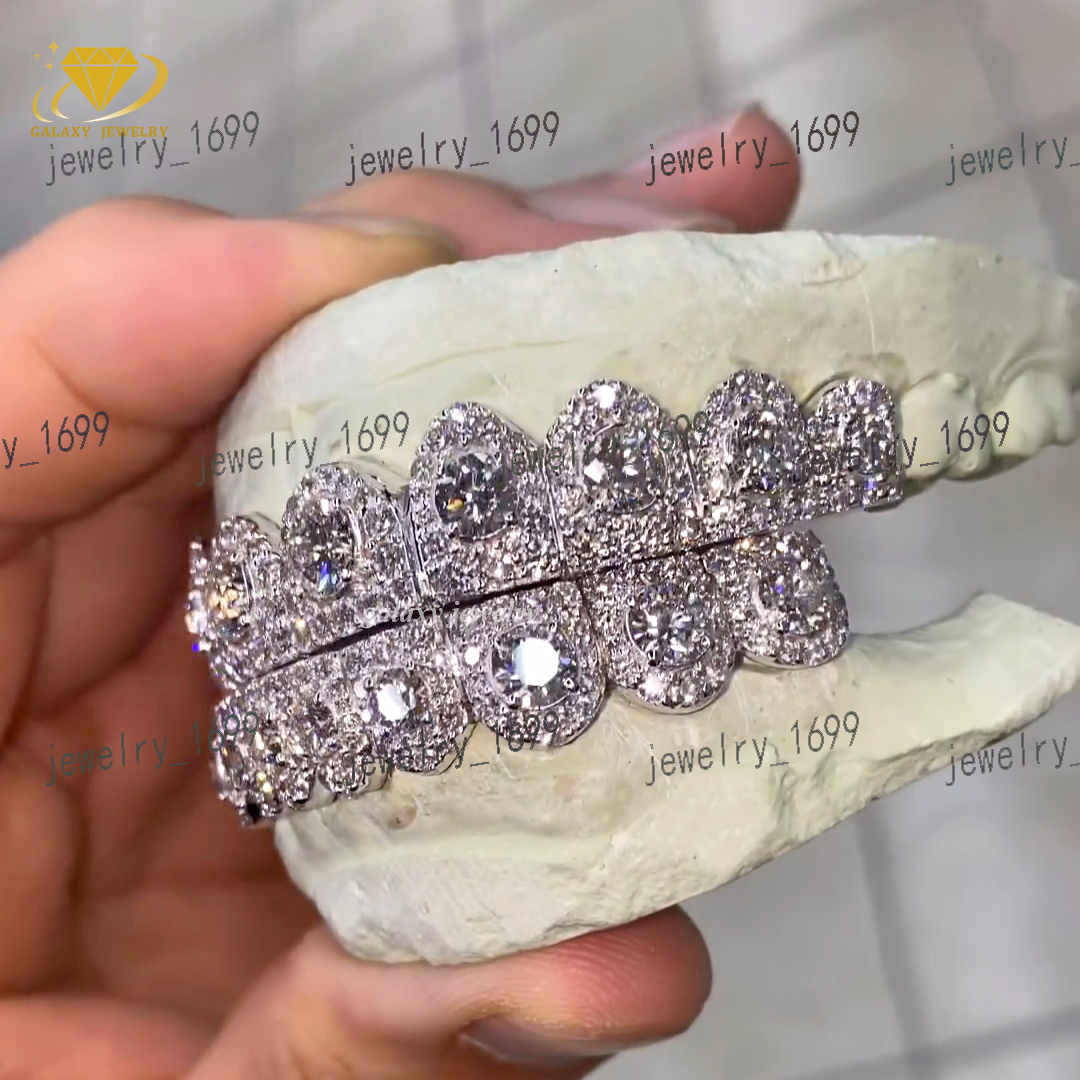 Custom VVS Moissanite Teeth Grillz Honeycomb Set with Big Stone Grillz Diamond Iced Out Grills Mens Hiphop Honeymoon Grillz