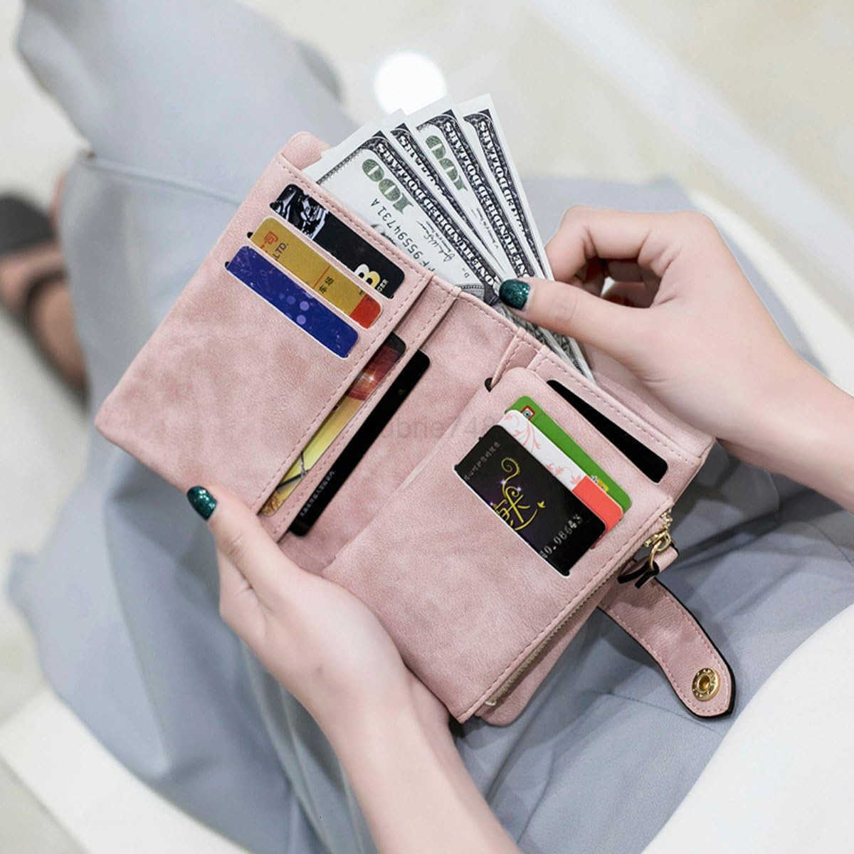 Wallets for Women Bifold Small Rfid Soft Leather Ladies Wallets Trifold Womens Wallets Billfolds Mini Wristlet Clutch Cute Zipper Coin Purse with Wris