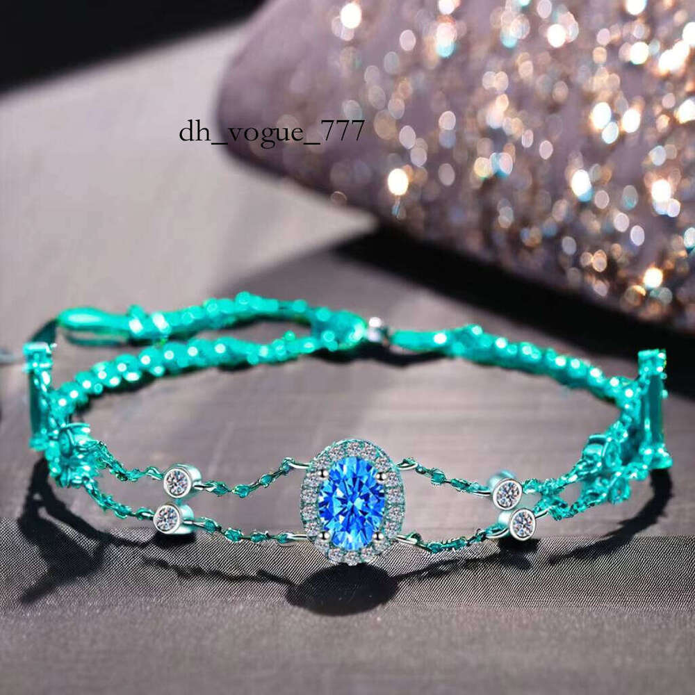 Sterling Sier Double Chain Moissanite Bracelet with Advanced Design Gold Blue Oval Fashionable Bangles