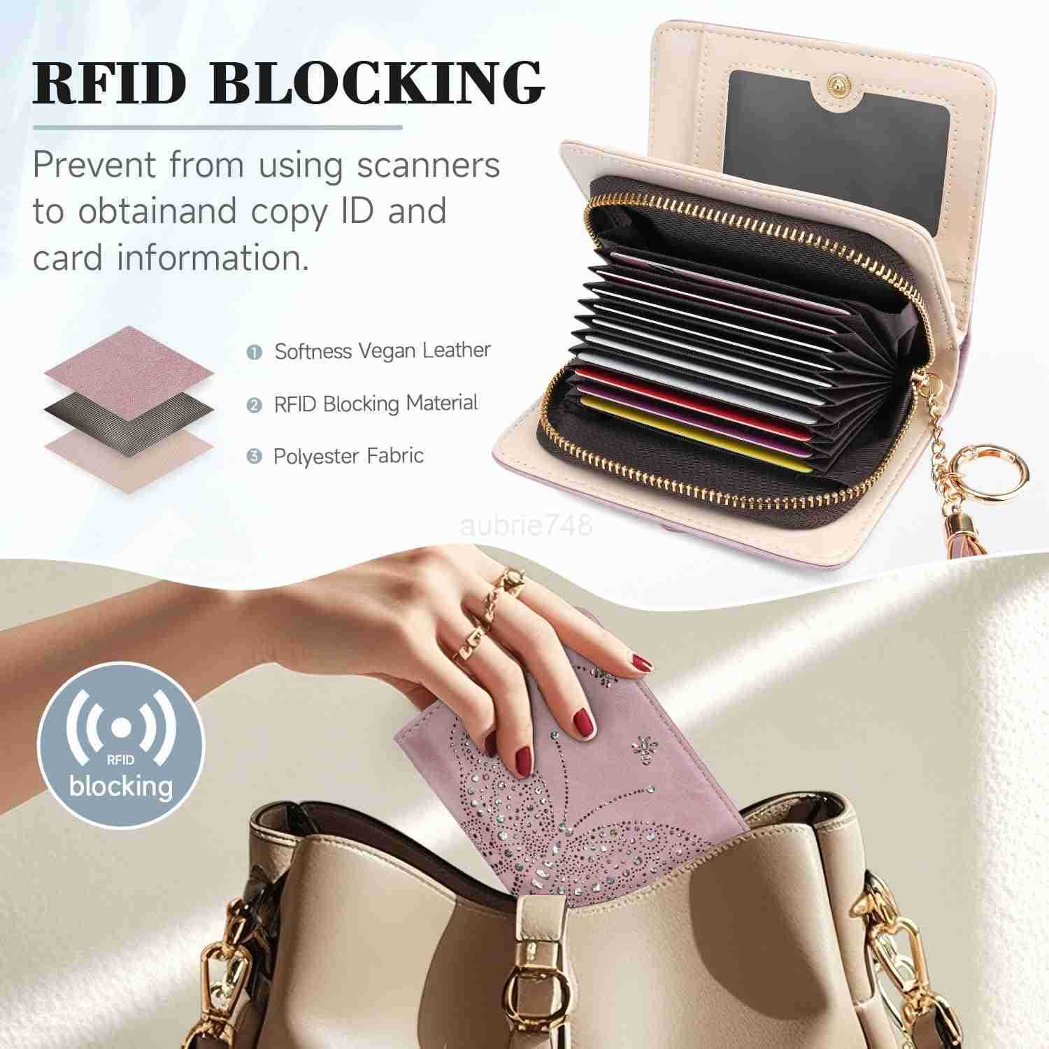 Women RFID Blocking Small Bifold Wallet Compact Cash Clutch with Zipper Coin Pocket Glittery Butterfly Design CARD Holder Travel Purse with Tassel PUR