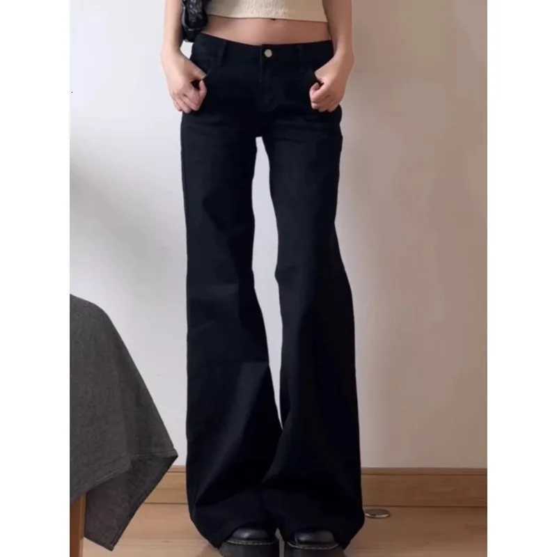 Botvotee Y2K Black Low Waist Jeans Flare Washed Vintage Casual Minimalist Denim Pants Grunge Solid Color Street Retro Trousers Z250910