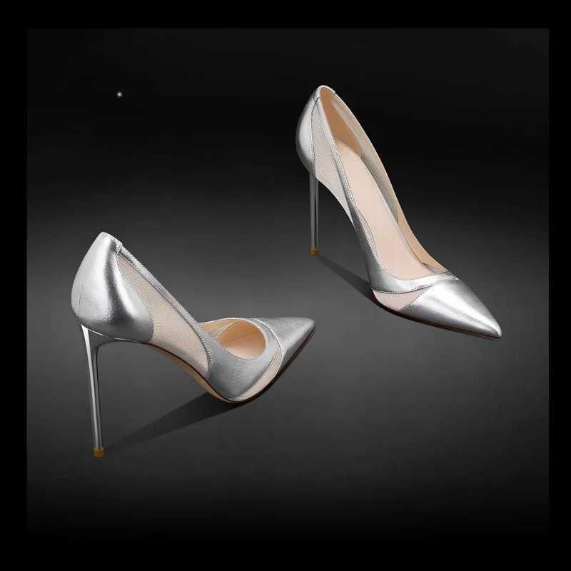 2025 Spring New Patchwork Mesh Silver High Heels For Women Pointy Shallow Mouth Temperament Slim Heel Shoes Wedding Pumps W250910