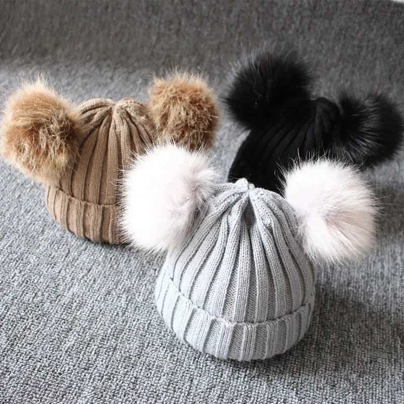 1PC 02 Years Winter Warm Children Knitted Hat Infant Kids Baby Wool Hat Knit Beanie C Windproof Big Pompom Boys Girls BeaniesXJ250910