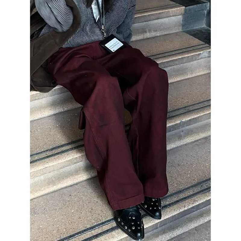 2025 Vintage Women Burgundy Jeans High Waist Y2K Designed American Style Streetwear Denim Pants Casual Female 90S Trousers Z250910