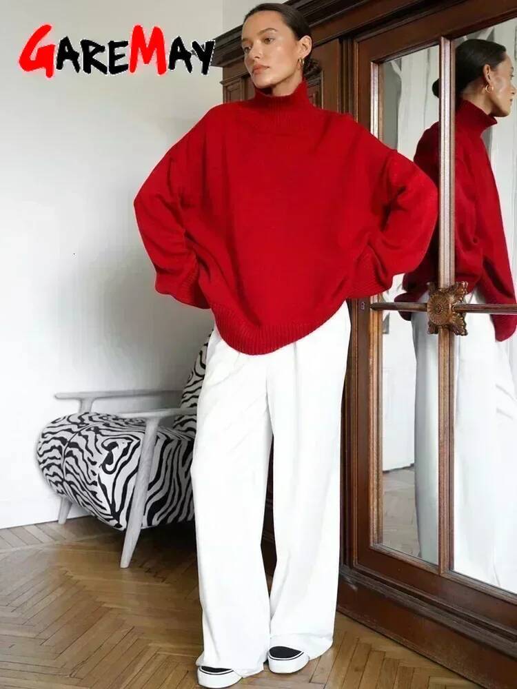 Women's Turtleneck Oversize Winter Vintage Knitted Red Pullover Soft Gray Warm Sweater for Women 2025 dongdumaoyi