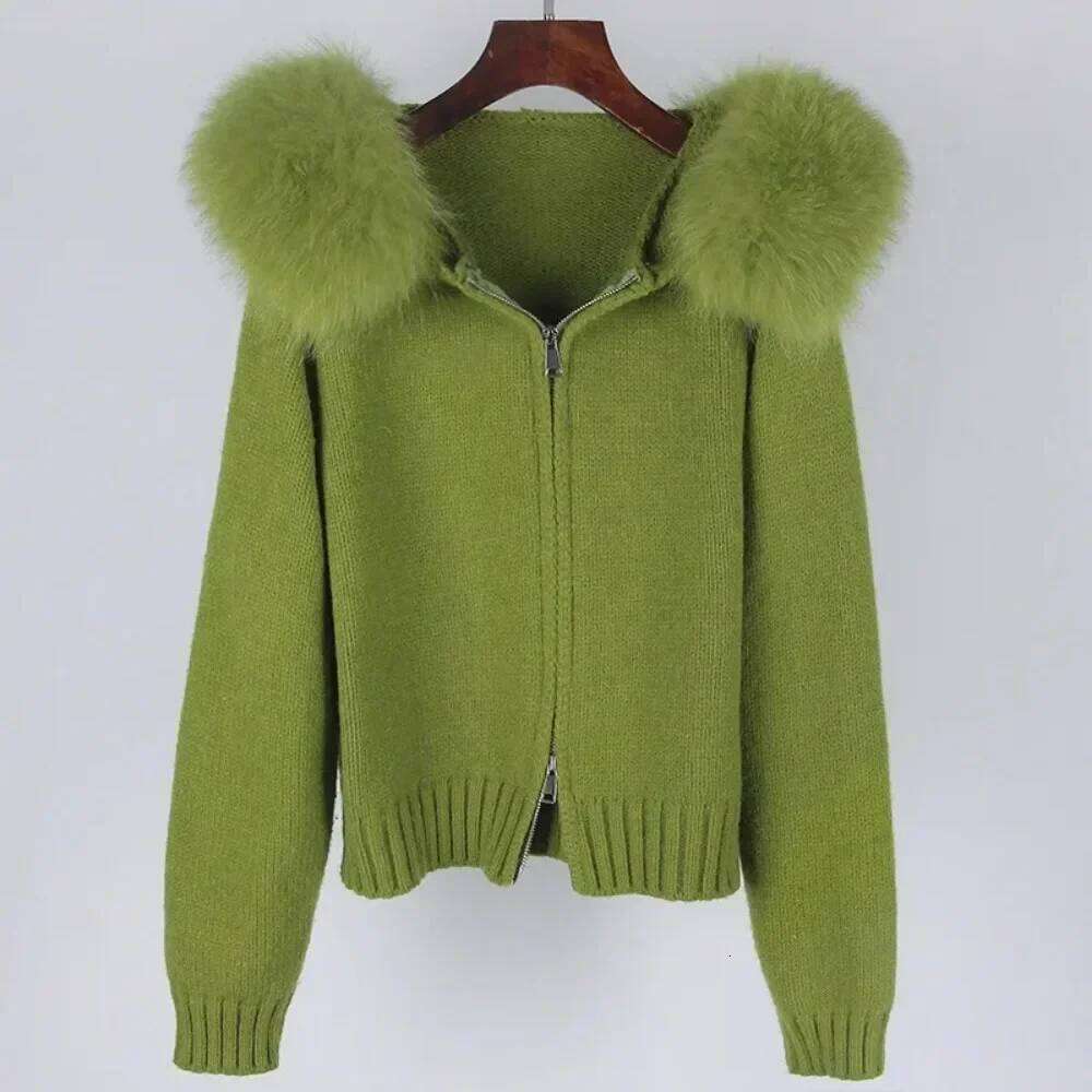 Designer Clothing 2025 Winter Women Knitted Jacket With Natural Placket Coat Casual Real Fox Fur Collar New Fashion Short Warm Loose Luxury Bag