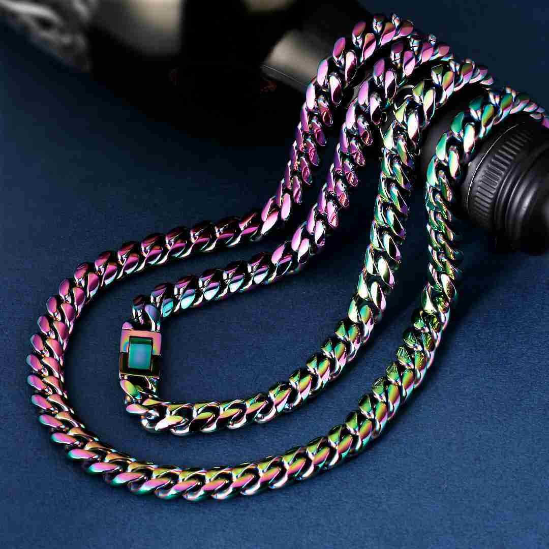 KRKC FaMoissaniteory 2021 Fashion 8mm Real Gold Plated Colorful Stainless Steel Miami Curb Rainbow Cuban Link Chain Necklace Set for Men