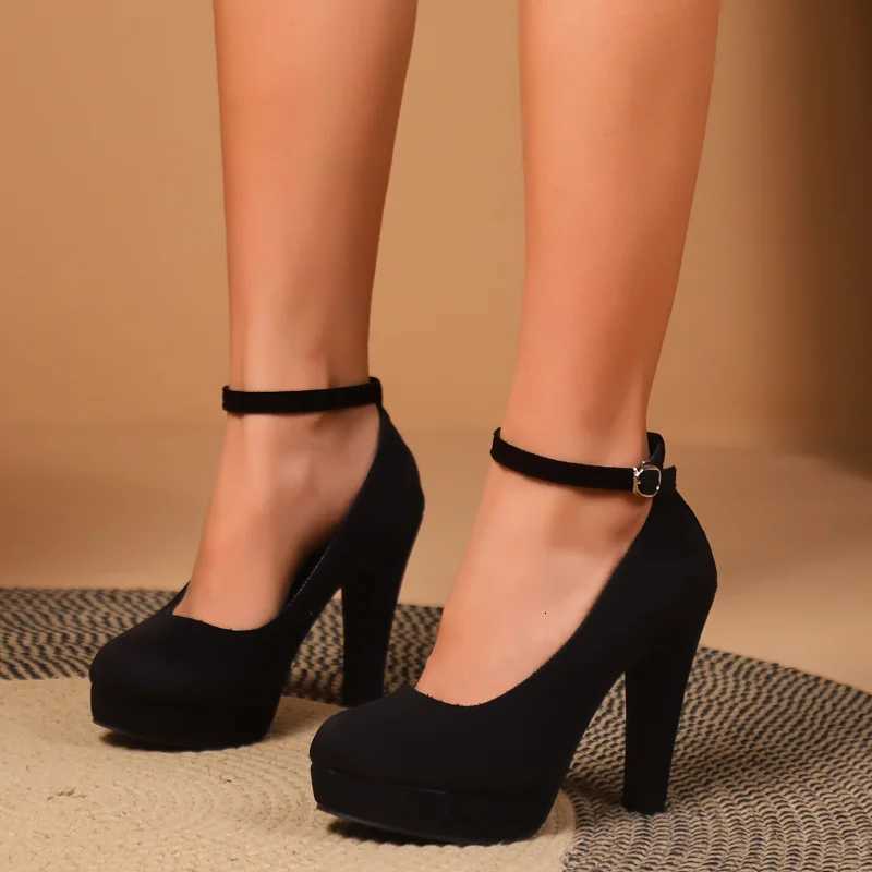 Spring Women Pumps Flock Sweet Thick High Heels Ankle Strap Female Platform Classic Round Toe Dress Cute Shoes Ladies Footwear W250910