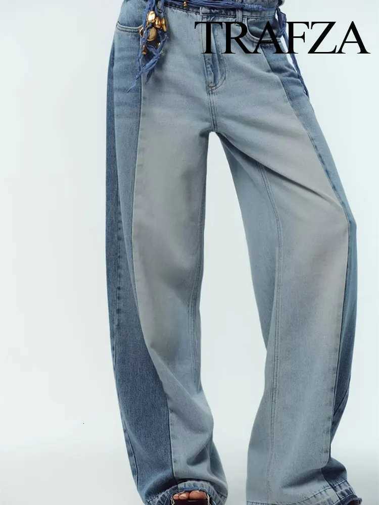 TRAFZA 2025 Summer Womens Fashionable Spliced loose Widefoot Jeans Retro High Neck Pocket Decoration Womens Streetwear Y2K Z250910