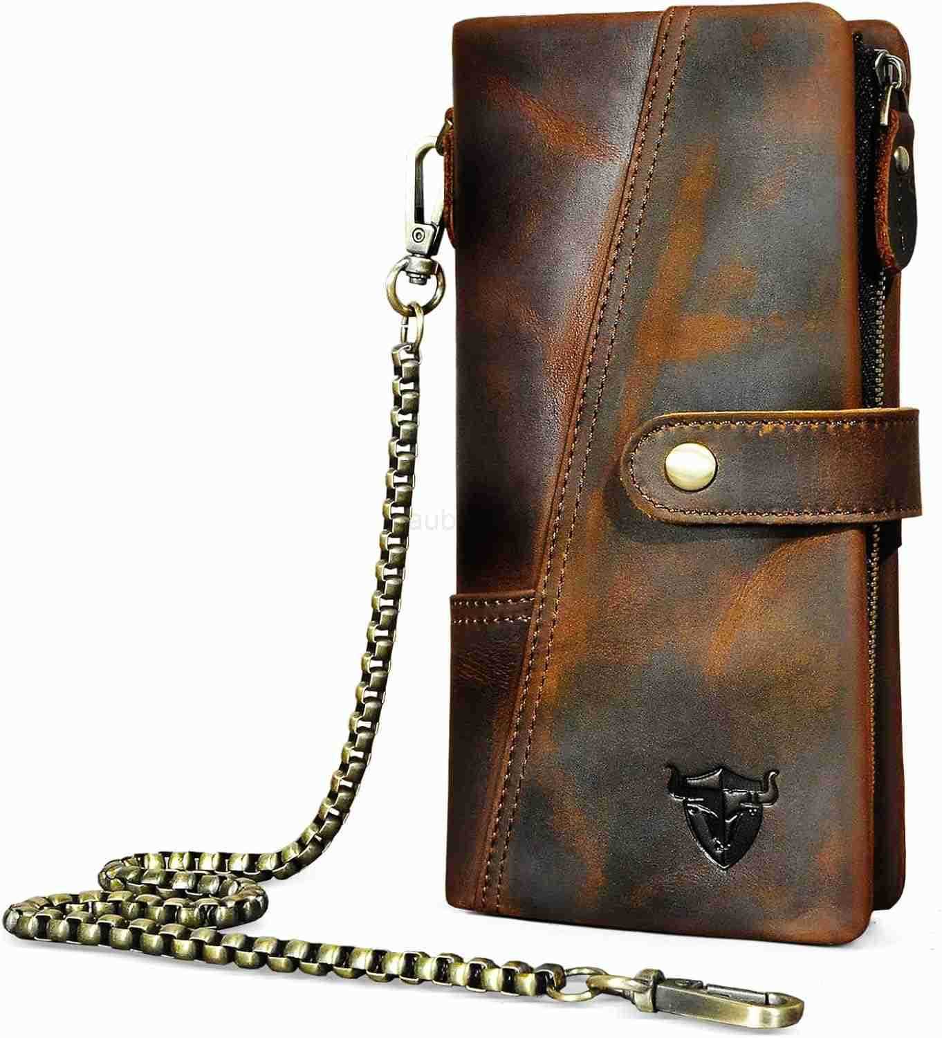 Genuine Crazy Horse Leather Travel Gift Coin Pocket Card Case Long Organizer Chain Rfid Wallet Purse With Snap For Men Male 1803 1803 BrownZ250910