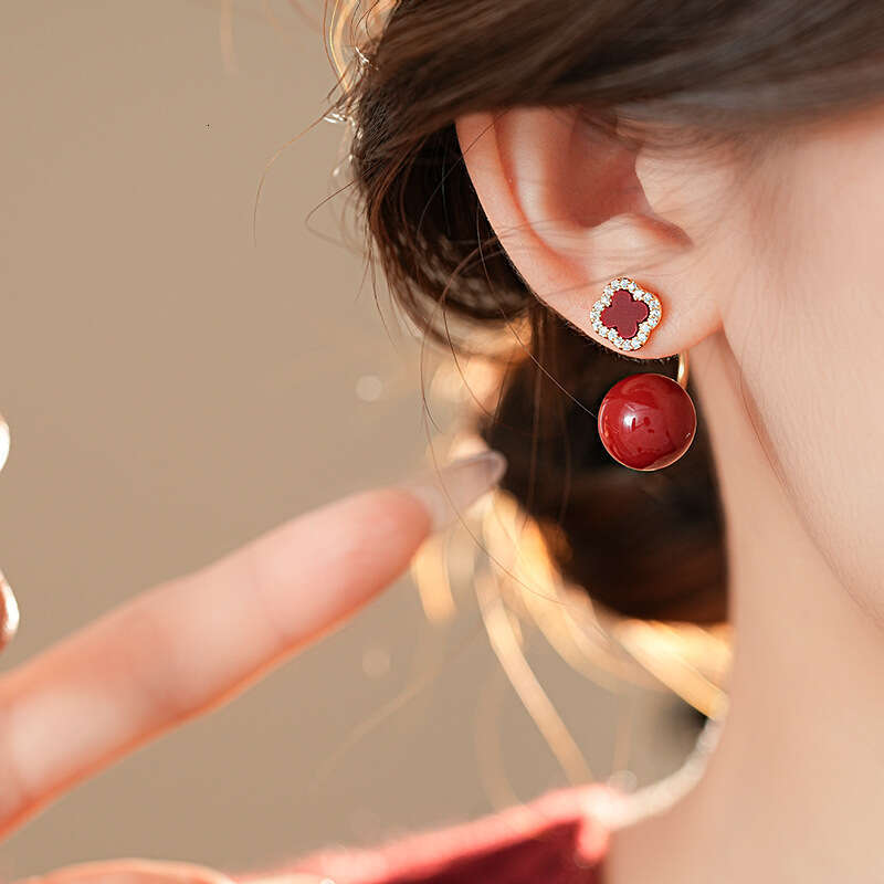 Real Gold Plated Sier Needle Red Round Bead Zircon Flower Niche Design Earrings French High-end Sense Ear Jewelry
