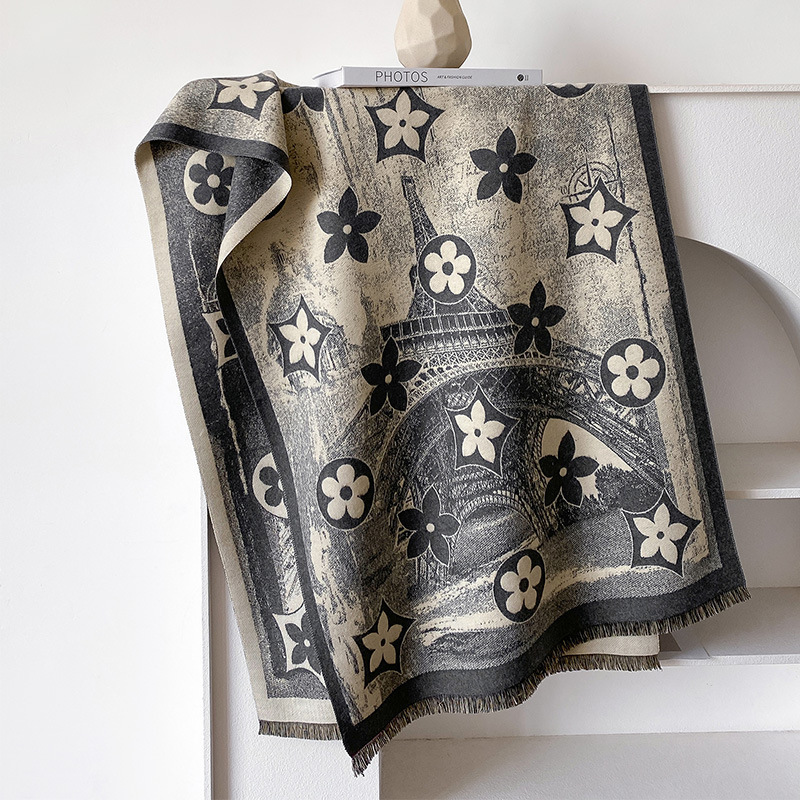 New Five-Pointed Star Imitation Cashmere Scarf for Women, Fashionable Paris Eiffel Tower, Autumn and Winter Warm Long Shawl, Thickened