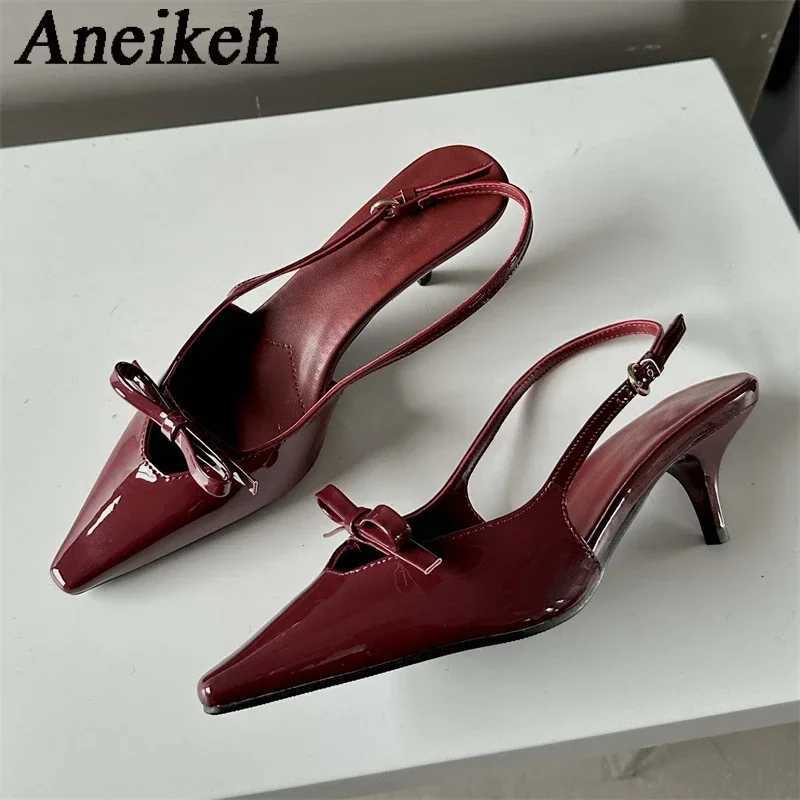 Aneikeh 2025 SummerDesigner Bowknot Buckle Strap Pumps Women Sexy Pointed Toe Thin Heels Wedding Banquet Dress Mule Ladies Shoes W250910