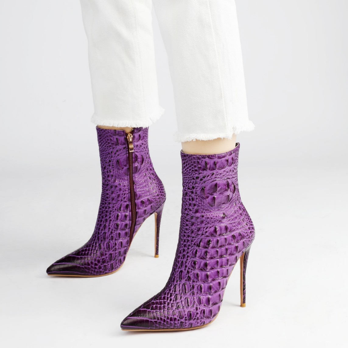 Chengdu Artisan 3D Crocodile Ankle Boots - Stiletto Heel Fashion Boots (Purple/Red/Cream) Custom Color Runway Boots