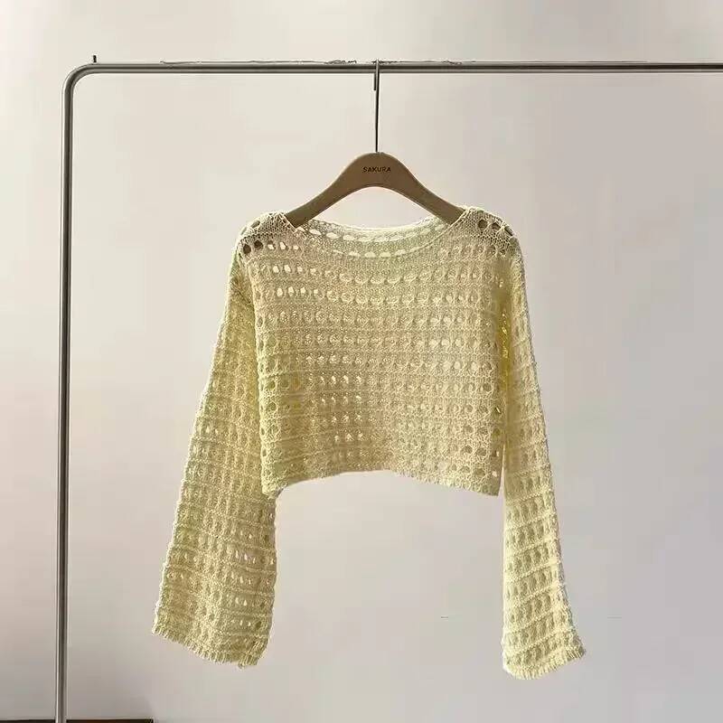 2024 Y2K Long Sleeve Crochet Knit Top Summer Beach Bikini Cover Up Crop Pullover Wool Knitwear Blouse Women Vacation Boho Outfit dongdumaoyi
