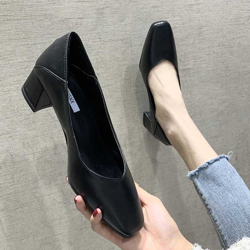 Shallow Mouth with Followup Shoes 2024 New Simple Solid Color Middle Heel Square Toe Daily Work Single Shoe Zapatos De Mujer W250910