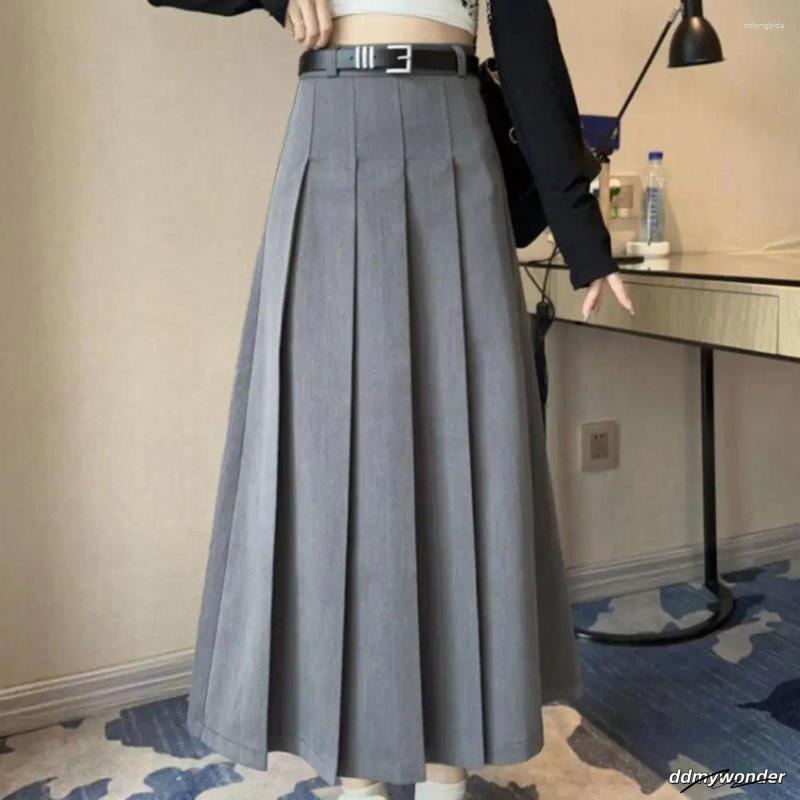 Skirts Women Maxi Skirt High Waist Pleated Ankle Length With Belt Solid Color A-Line Long For Office Women's Clothing