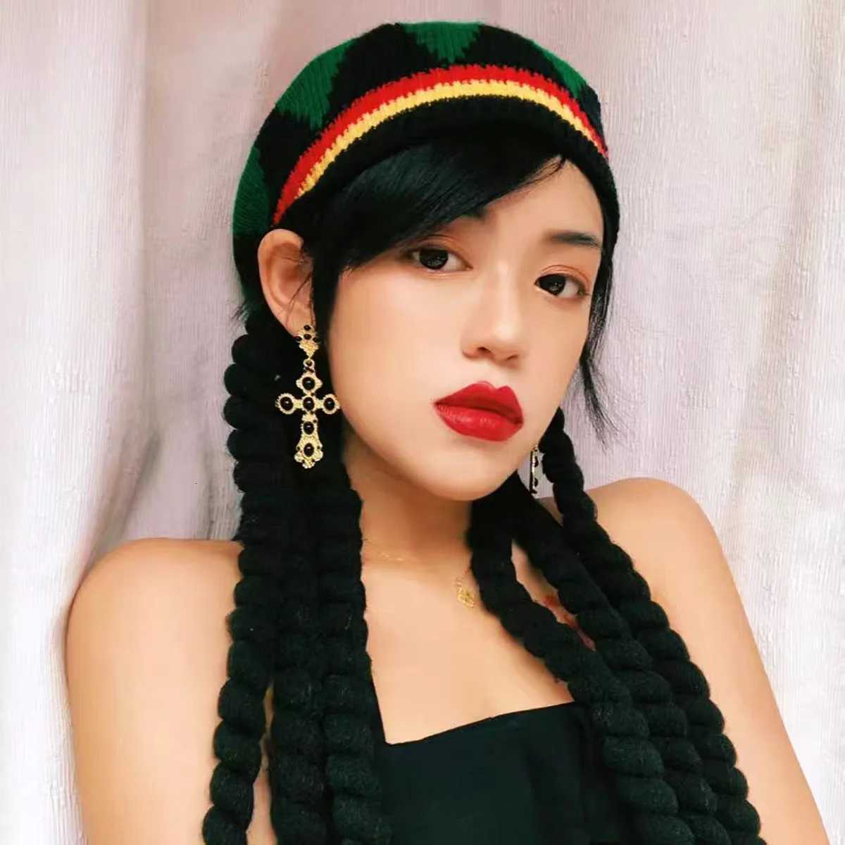 Wig Braid Beret Knitted Rainbow Hat Halloween Knitted Wool Hat Ear Protector Head Cover HatXJ250910