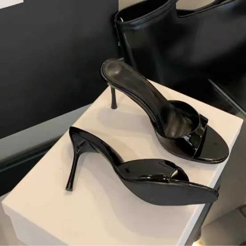 Wine Red Patent Leather Women Slippers Sandals Fashion Round Open Toe Thin High Heels Mules Slides Summer Party Dress Shoe W250910