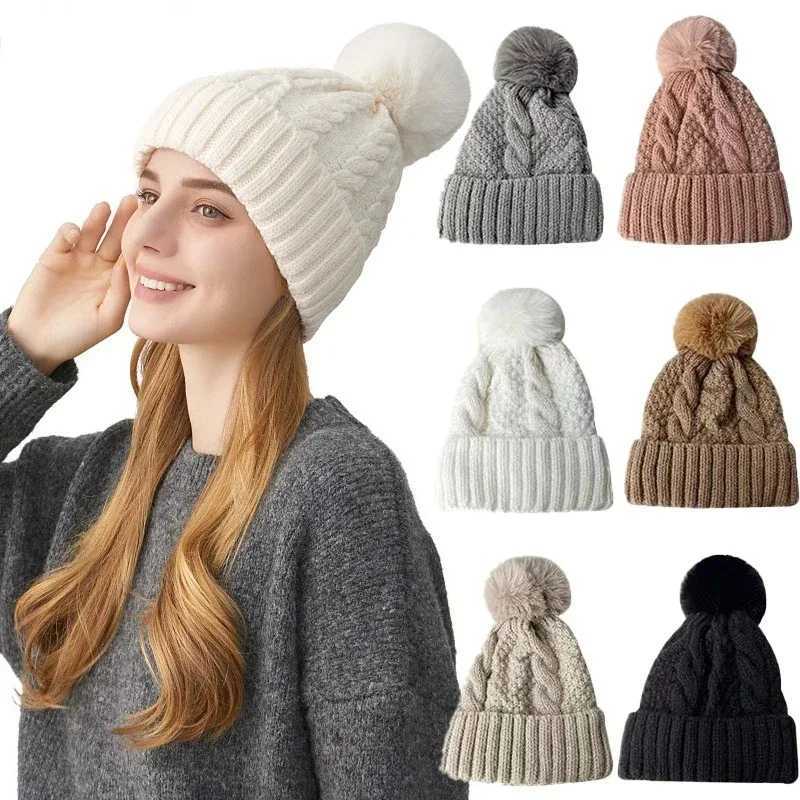 Winter Twist Knitting Hats Warm Fur Pp Thick Plush Beanies Solid Ladies Versati Ski Snow Sklies Beanies Velvet Hat G250910