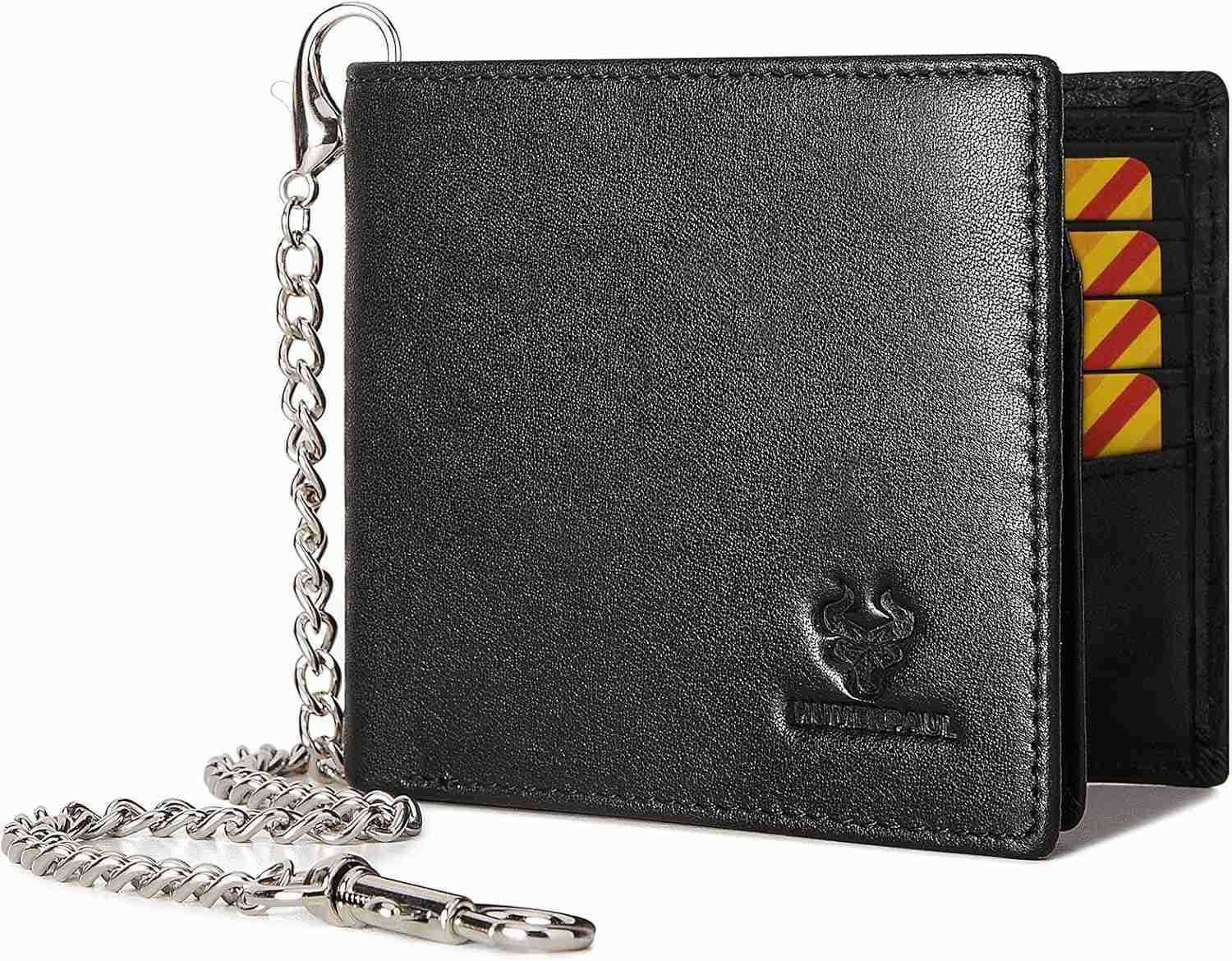Mens Wallet with Chain RFID Blocking Genuine Leather Bifold Wallet Minimalist With 2 ID Window BlackZ250910