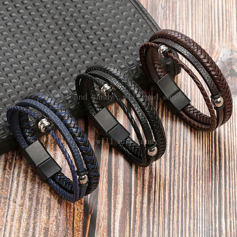 Men's Leather Bracelet Layered Leather Braided Bracelets Rock Stones Magnetic Clasp Christian Religious Cross Wristband Wrap Stacking Bracelets J