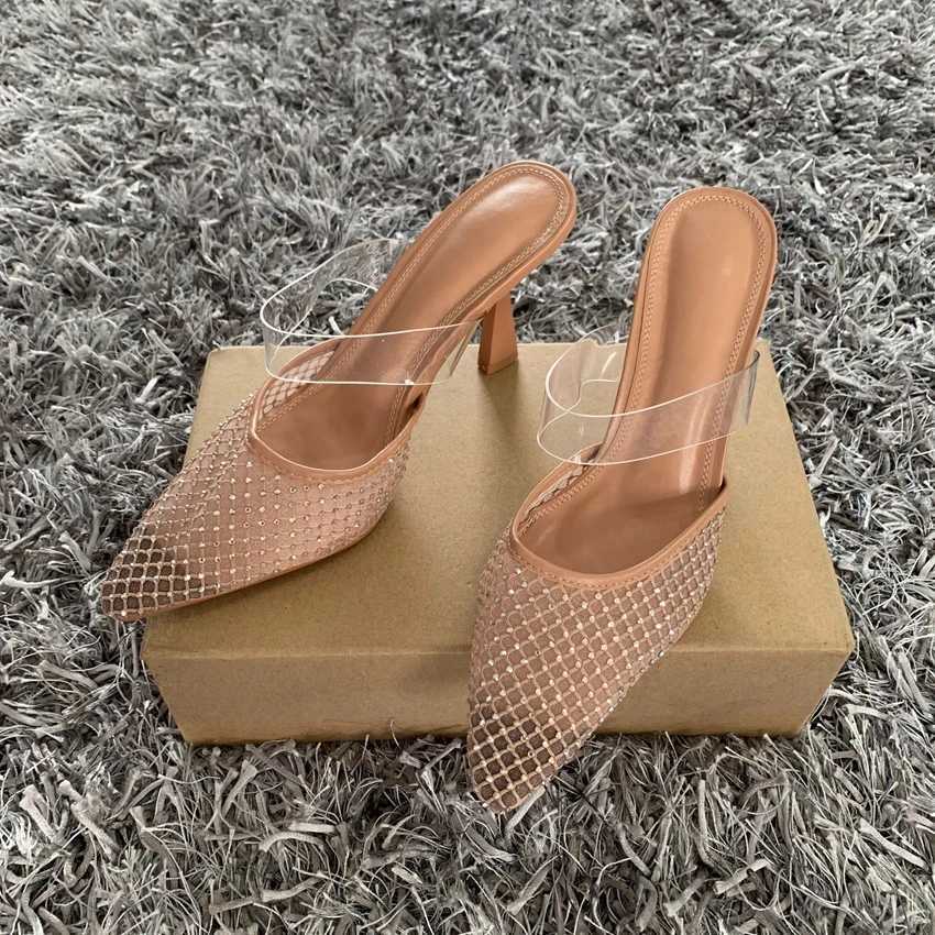 2025 Women High Heels Sandals Summer Elegant Pointed toe Fashion Mesh Rhinestone luxury designer Party Lady Mules Shoes W250910