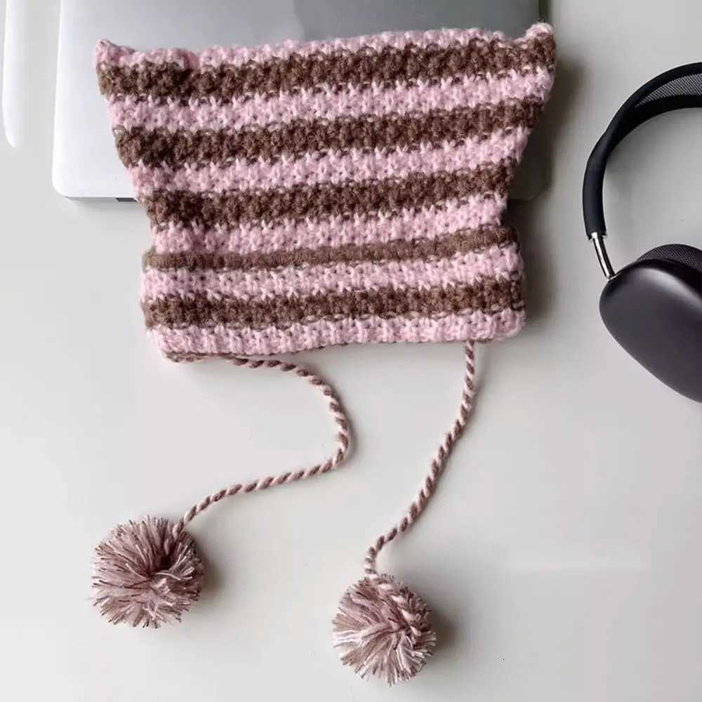 Gift Y2K Knitting Striped Beanie Hat Cute Wool Hanging Ball Knitted Beanie Hat Cat Ears Pointed Pulr Hats WomenXJ250910