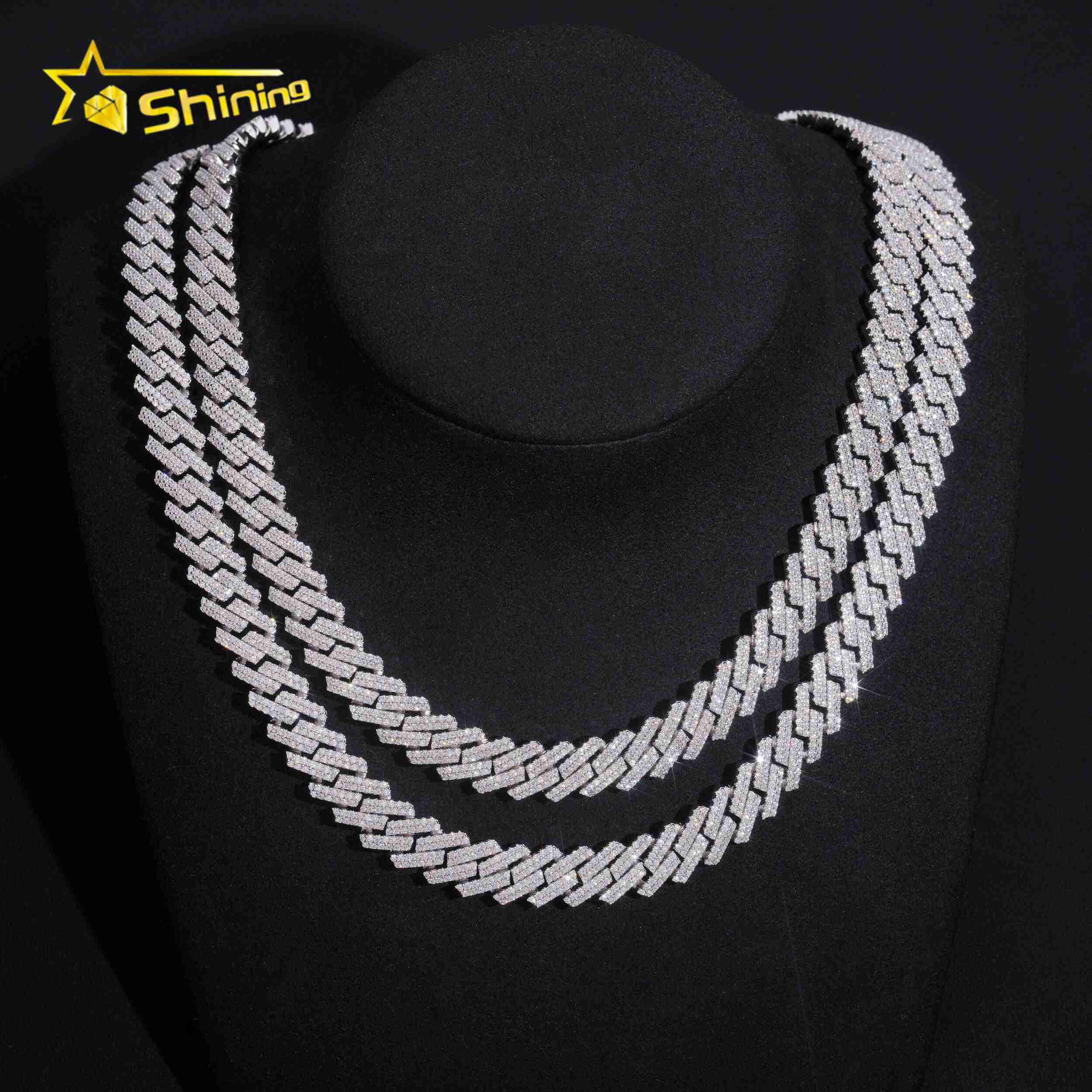 Men Iced Out Silver 925 Necklace Fine Jewelry 12MM 2 Rows Moissanite Miami Cuban Chain Custom Hip Necklace