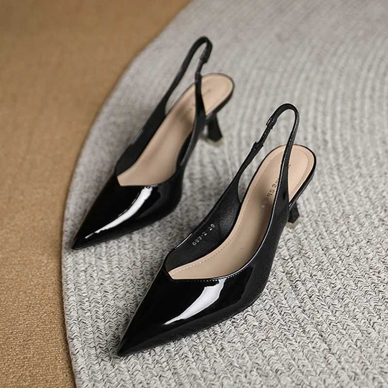 Elegant Slingback High Heels Sandals Woman RearStrap Shoes Ladies Office Dress Shiny Leather Pumps Pointed Toe CutOut Tacones W250910